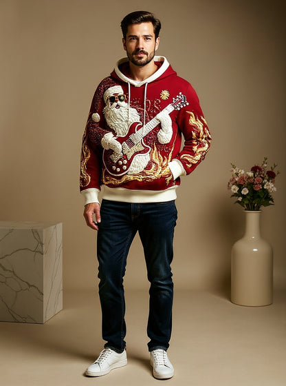 Men's Christmas Santa Guitar Drop-Shoulder Hoodie (No Pockets)