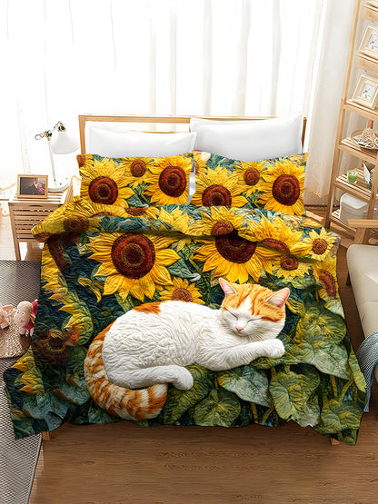 3-Piece Quilted Bedding Sets Sunflower and Cat