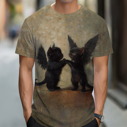 Black Cat Art Print Unisex Crew Neck Short Sleeve Casual T-Shirt