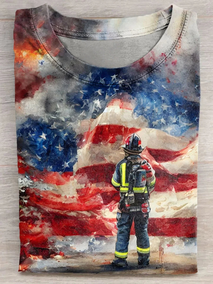 Flags and Firefighter Art Print Casaul Short Sleeve T-shirt