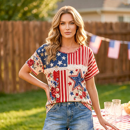 Women's Retro American Floral Patchwork Print Casual T-shirt