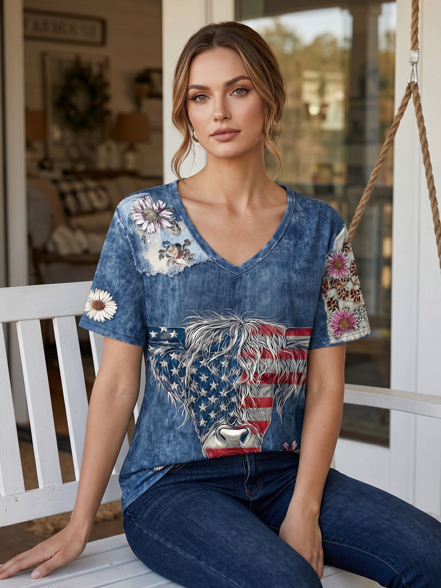 Women's American Flag Highland Cow Print Casual T-Shirt