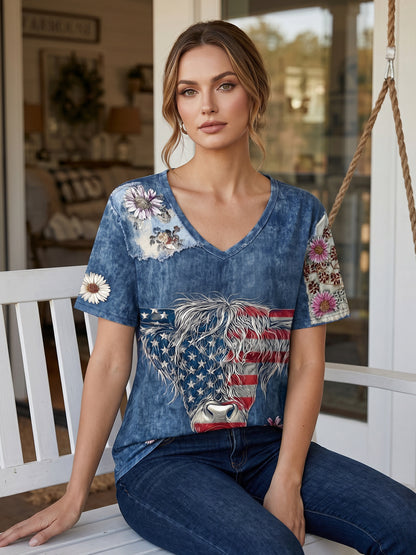 Women's American Flag Highland Cow Print Casual T-Shirt