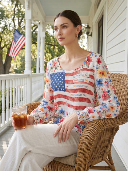 Women's Independence Day Flag & Floral Pattern Casual Long-sleeve Top
