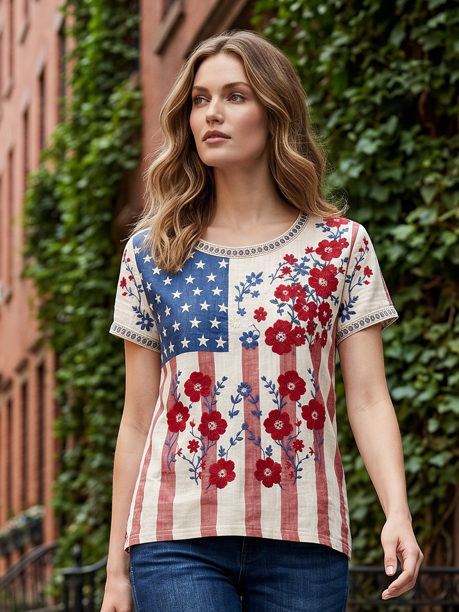 Women's Independence Day Flag & Floral Pattern Casual Short Sleeves Top