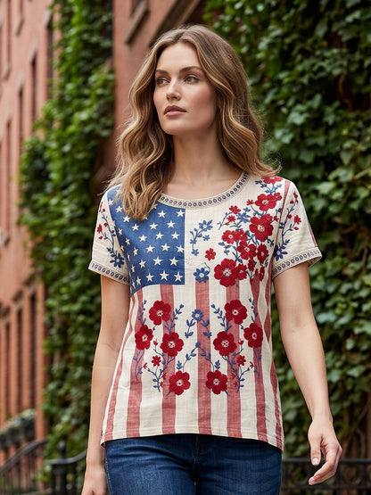 Women's Independence Day Flag & Floral Pattern Casual Short Sleeves Top