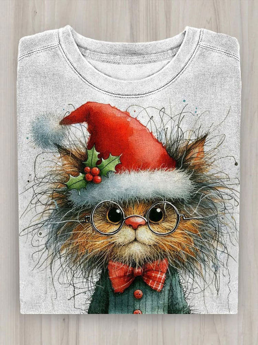 Christmas Cat Art Print Casual  Long Sleeve Top