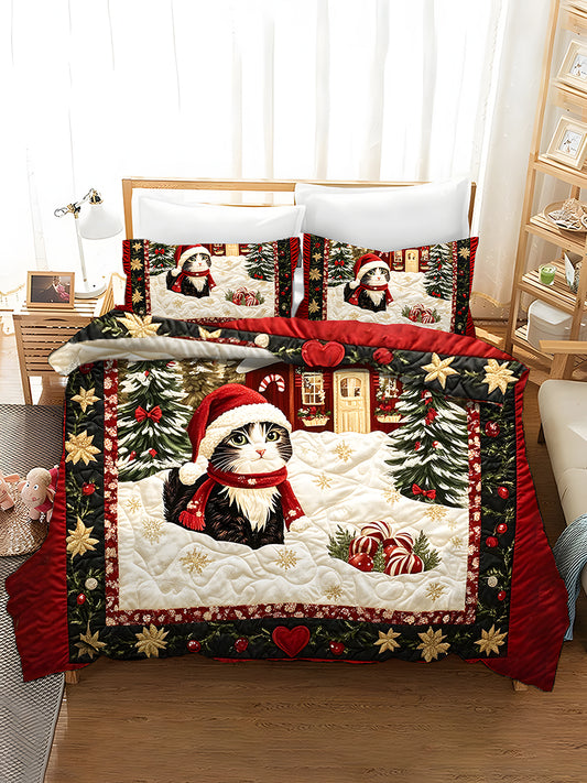 3-Piece Quilted Bedding Sets Christmas Cat