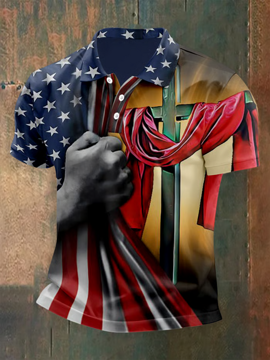 Men's American Flag Button Short Sleeve Polo Shirt