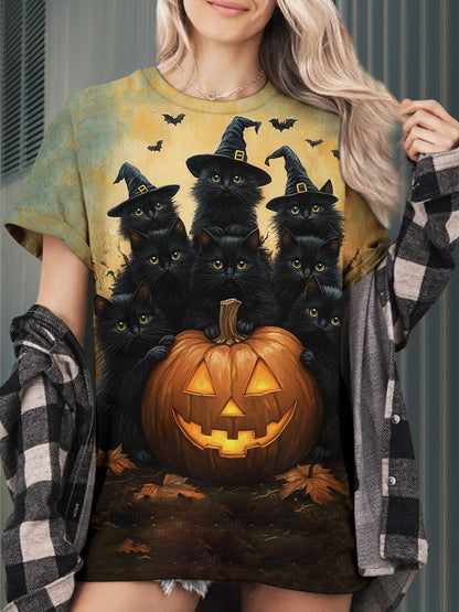 Unisex Halloween Wizard Cats Printed Casual T-Shirt