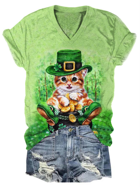 Women's Cat St. Patrick's Day Print Top