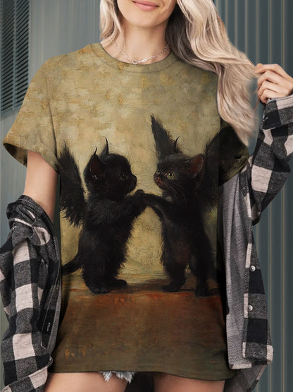 Black Cat Art Print Unisex Crew Neck Short Sleeve Casual T-Shirt