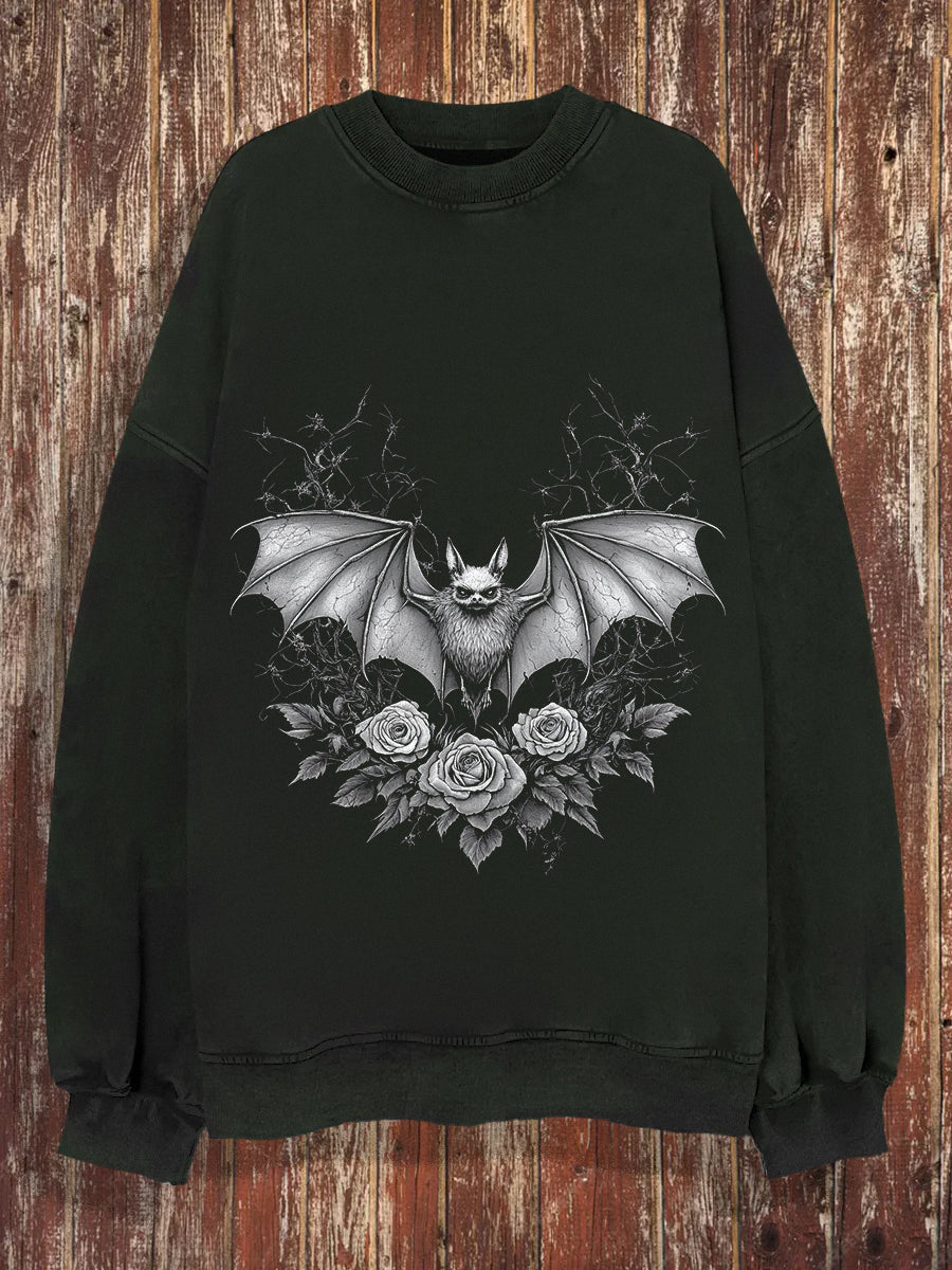 Dark Bat Flowers Print Long Sleeve Sweatshirt