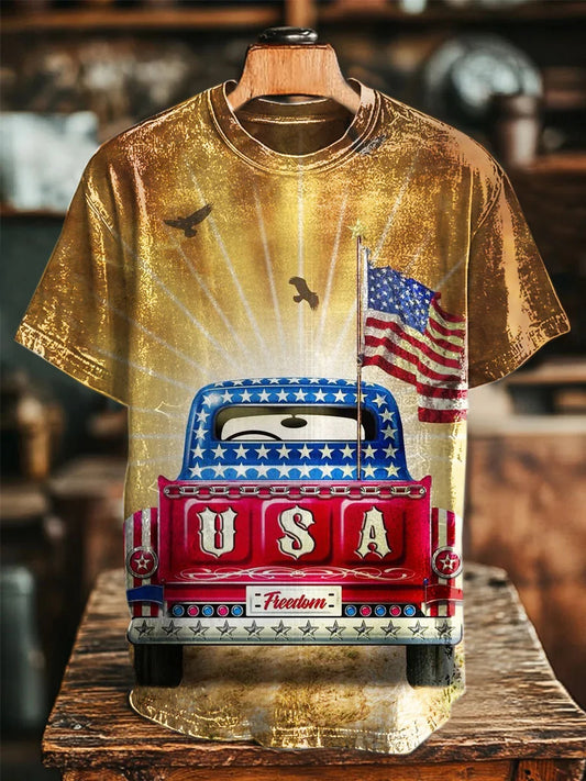 American Flag Truck Print Retro T-Shirt
