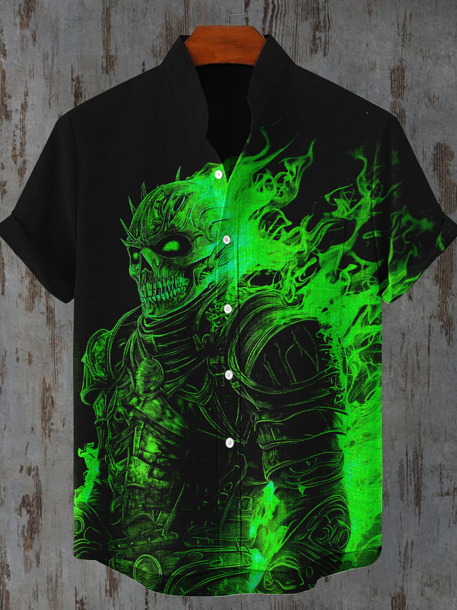 Green Flame Skull Art Print Casual Shirt