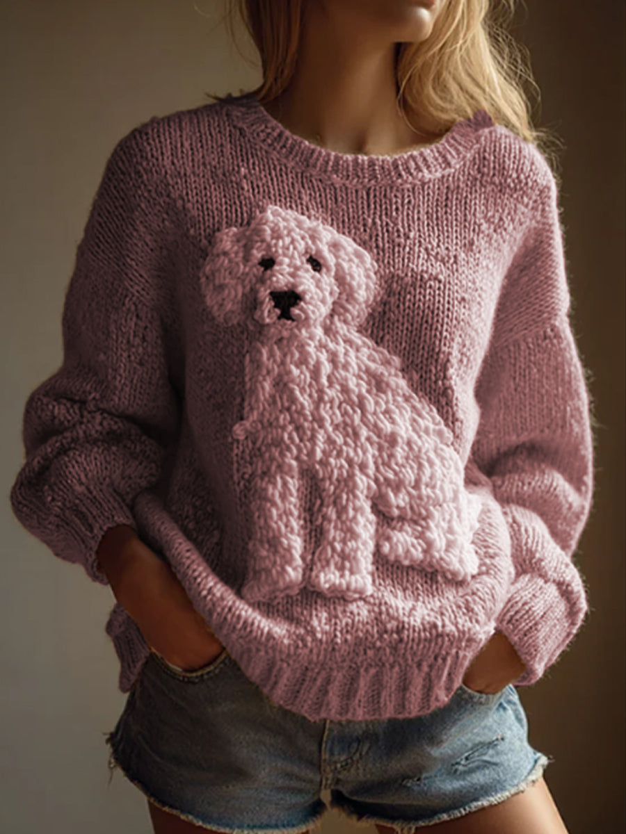 Women's Vintage Fuzzy Dog Felt Cozy Knit Sweater