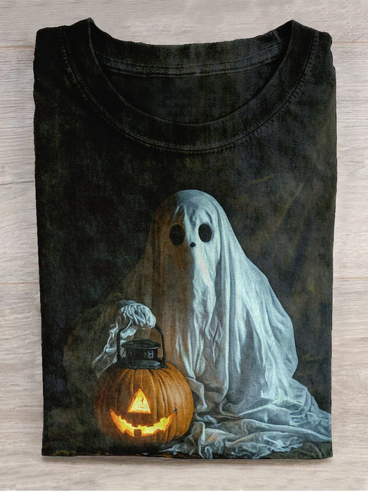 Halloween Ghost Jack-O'-Lantern Art Print Short Sleeve Casual T-Shirt