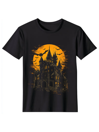 Horror Castle Raven Print Casual T-Shirt