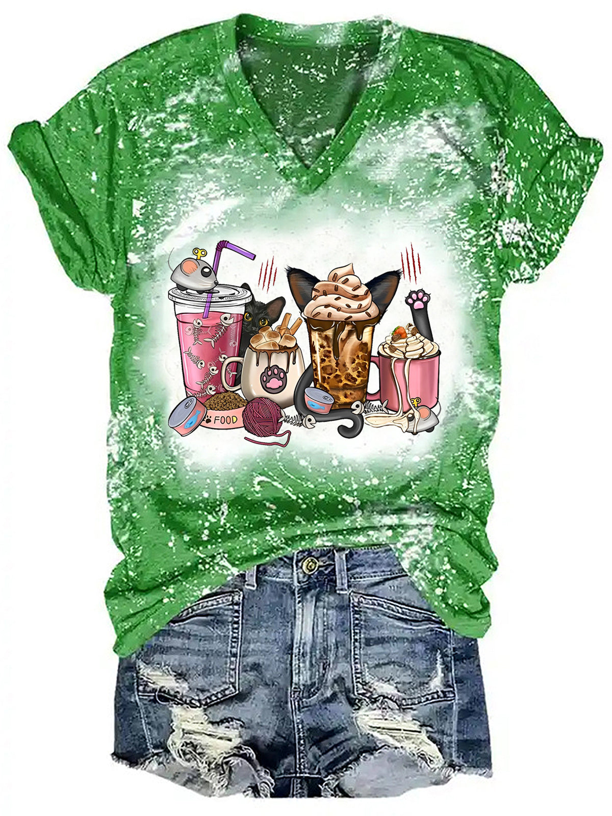 Women's Cat Coffee Print Tie Dye T-Shirt