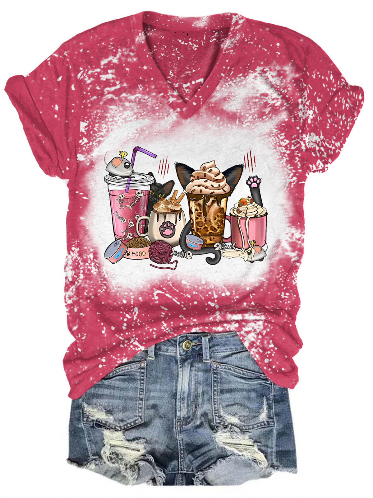 Women's Cat Coffee Print Tie Dye T-Shirt