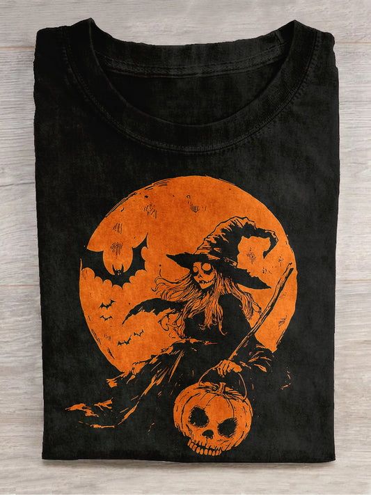 Halloween Witch Pumpkin Moon Art Print Short Sleeve Casual T-Shirt