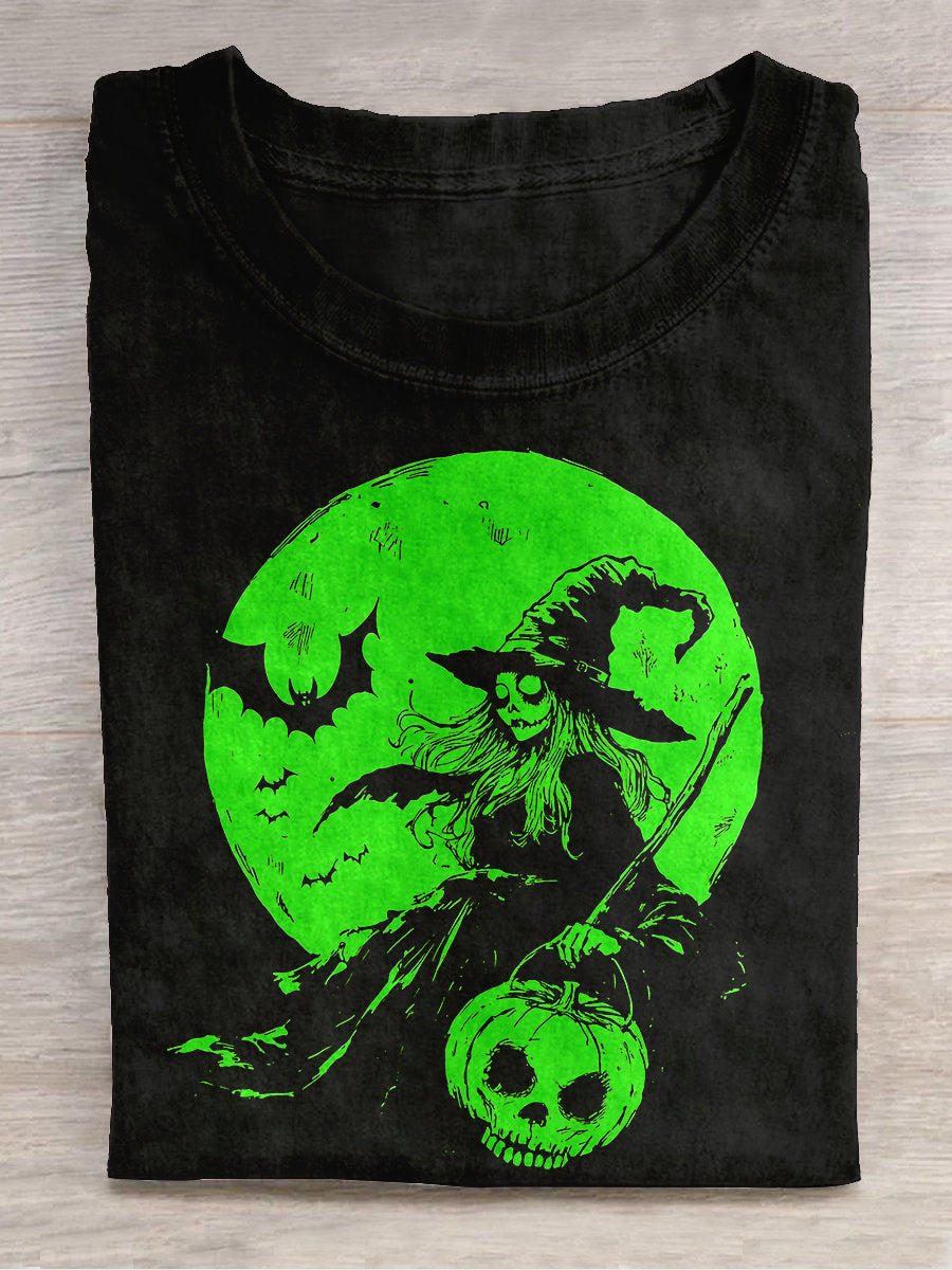 Halloween Witch Pumpkin Moon Art Print Short Sleeve Casual T-Shirt