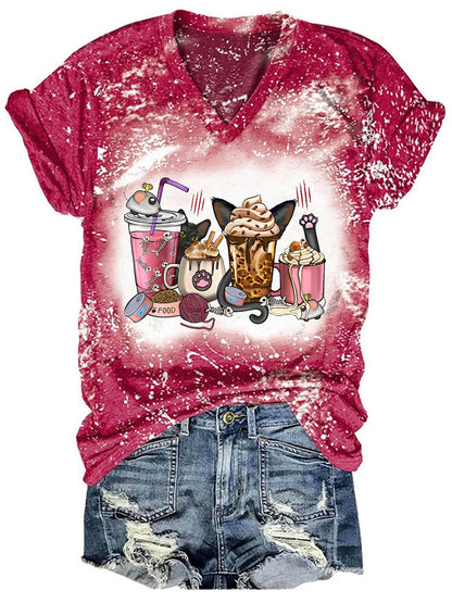 Women's Cat Coffee Print Tie Dye T-Shirt