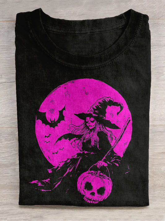 Halloween Witch Pumpkin Moon Art Print Short Sleeve Casual T-Shirt