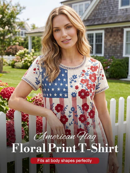 Women's Independence Day Flag & Floral Pattern Casual Short Sleeves Top