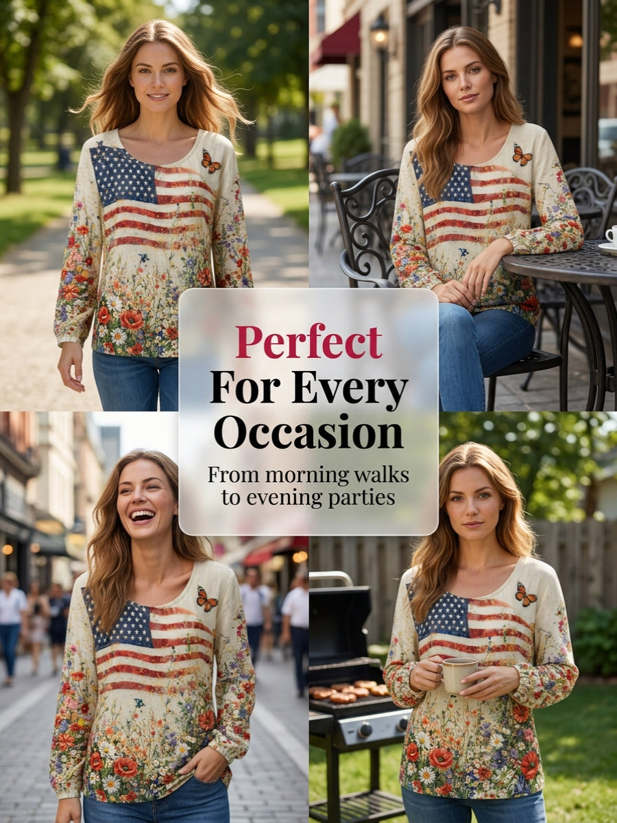 Women's American Flowers Cotton-Linen Shirt