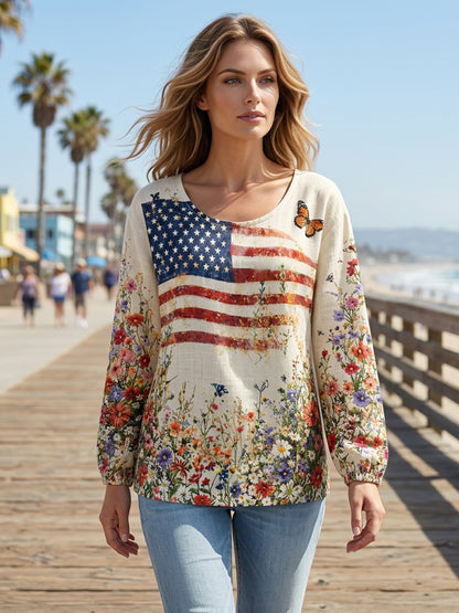 Women's American Flowers Cotton-Linen Shirt