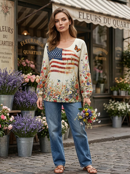 Women's American Flowers Cotton-Linen Shirt
