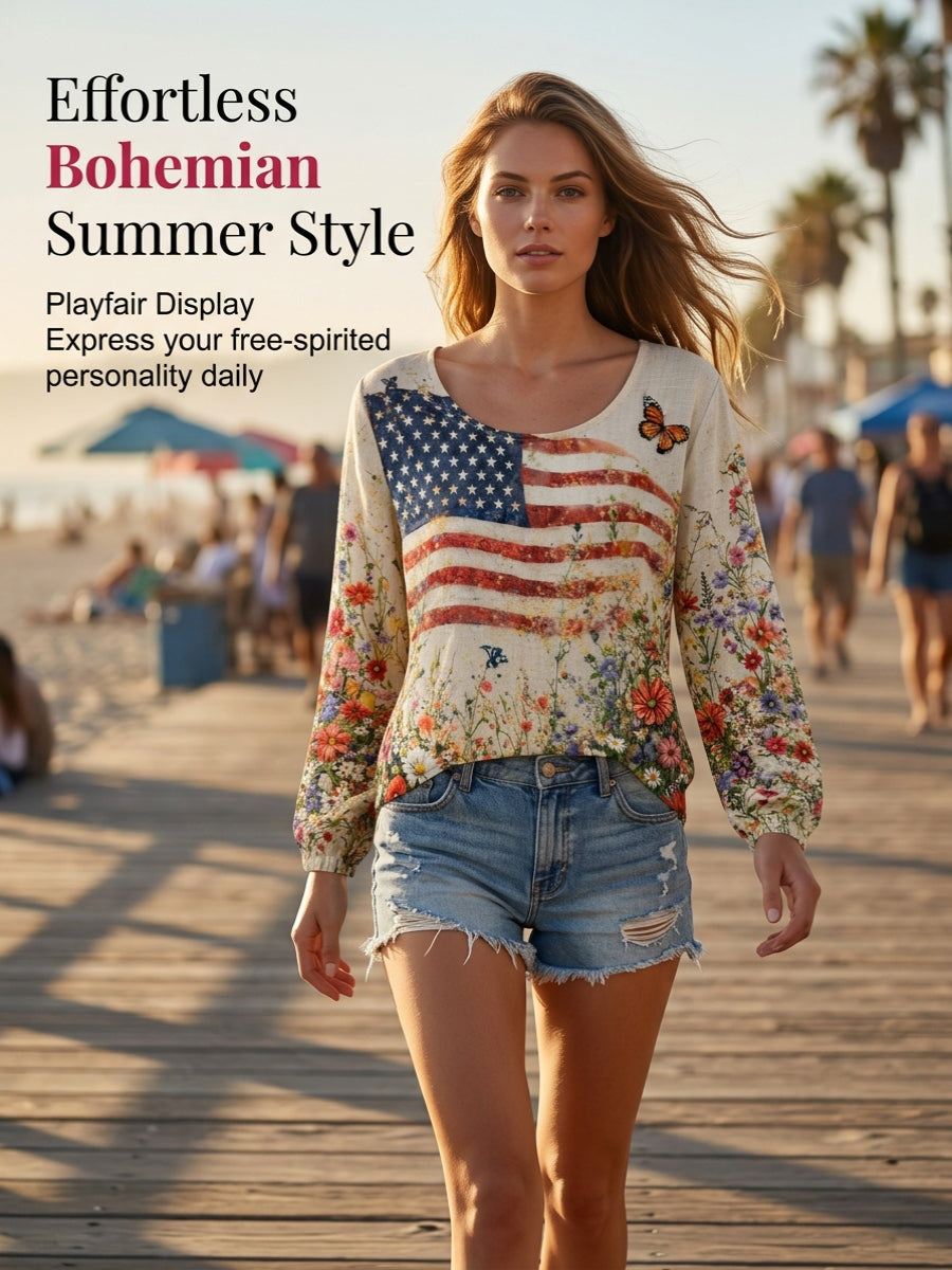 Women's American Flowers Cotton-Linen Shirt