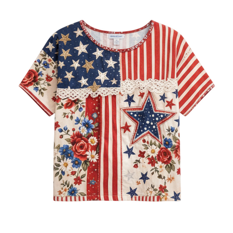 Women's Retro American Floral Patchwork Print Casual T-shirt
