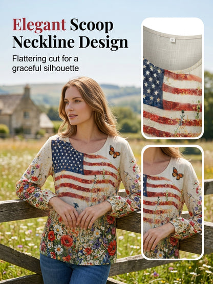 Women's American Flowers Cotton-Linen Shirt