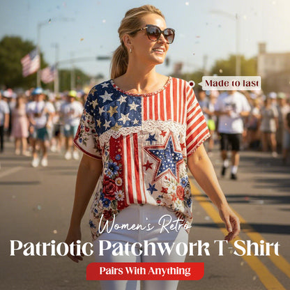 Women's Retro American Floral Patchwork Print Casual T-shirt
