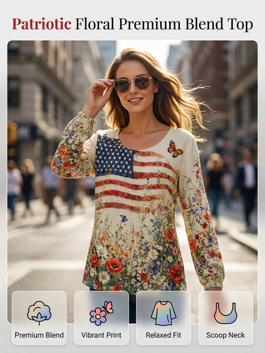 Women's American Flowers Cotton-Linen Shirt