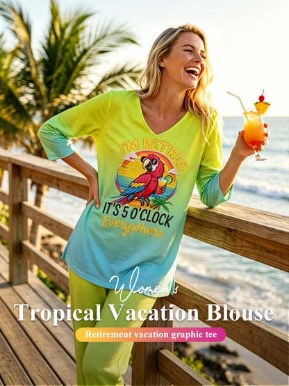 Women's I'm Retired It's 5 O'clock Everywhere Parrot Print Casual Half-Sleeve Top