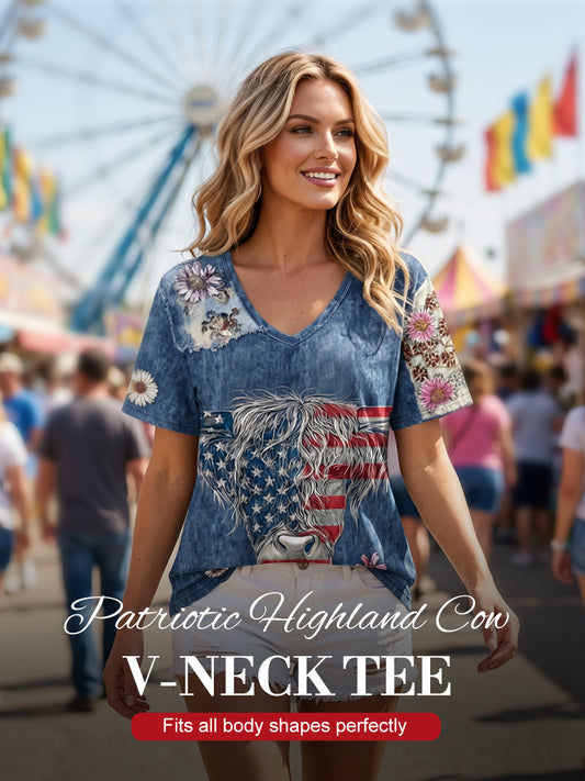 Women's American Flag Highland Cow Print Casual T-Shirt