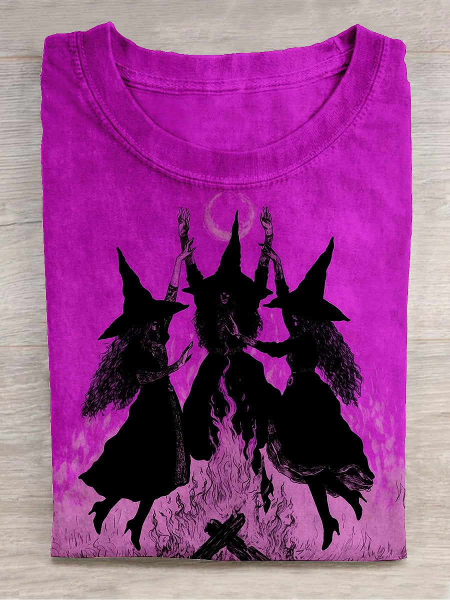 Witch Moonlit Bonfire Print Short Sleeve Casual T-Shirt