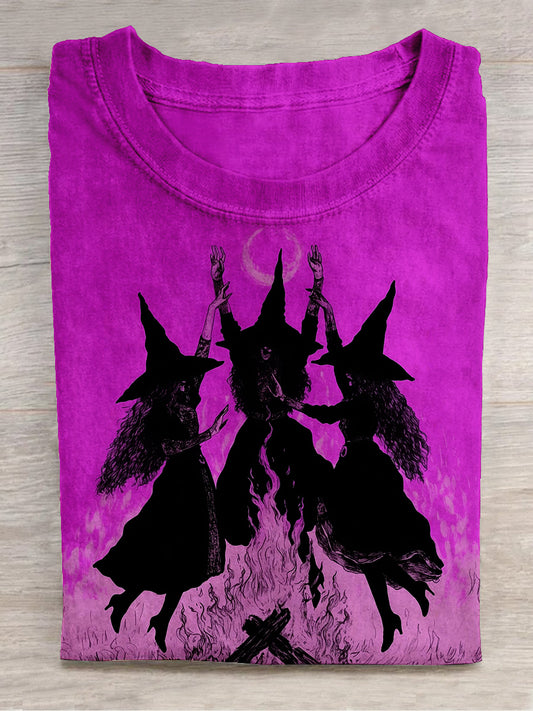 Witch Moonlit Bonfire Print Short Sleeve Casual T-Shirt