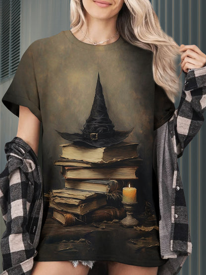 Magic Book Witch Art Print Unisex Round Neck Short Sleeve Casual T-Shirt