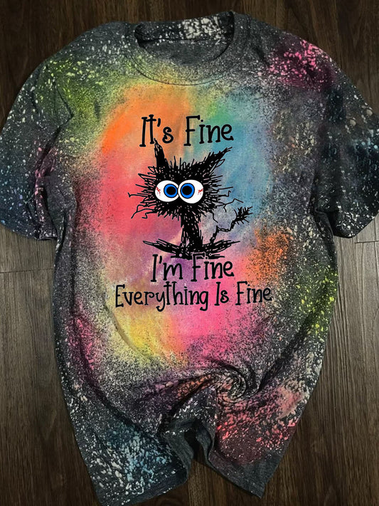 Women's Tie Dye Funny Cat Print Round Neck T-Shirtt