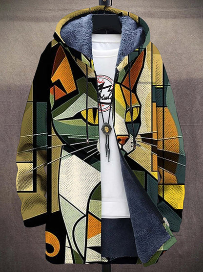 Abstract Geometric Cat Art Pattern Plush Thick Long Sleeve Sweater Cardigan Jacket