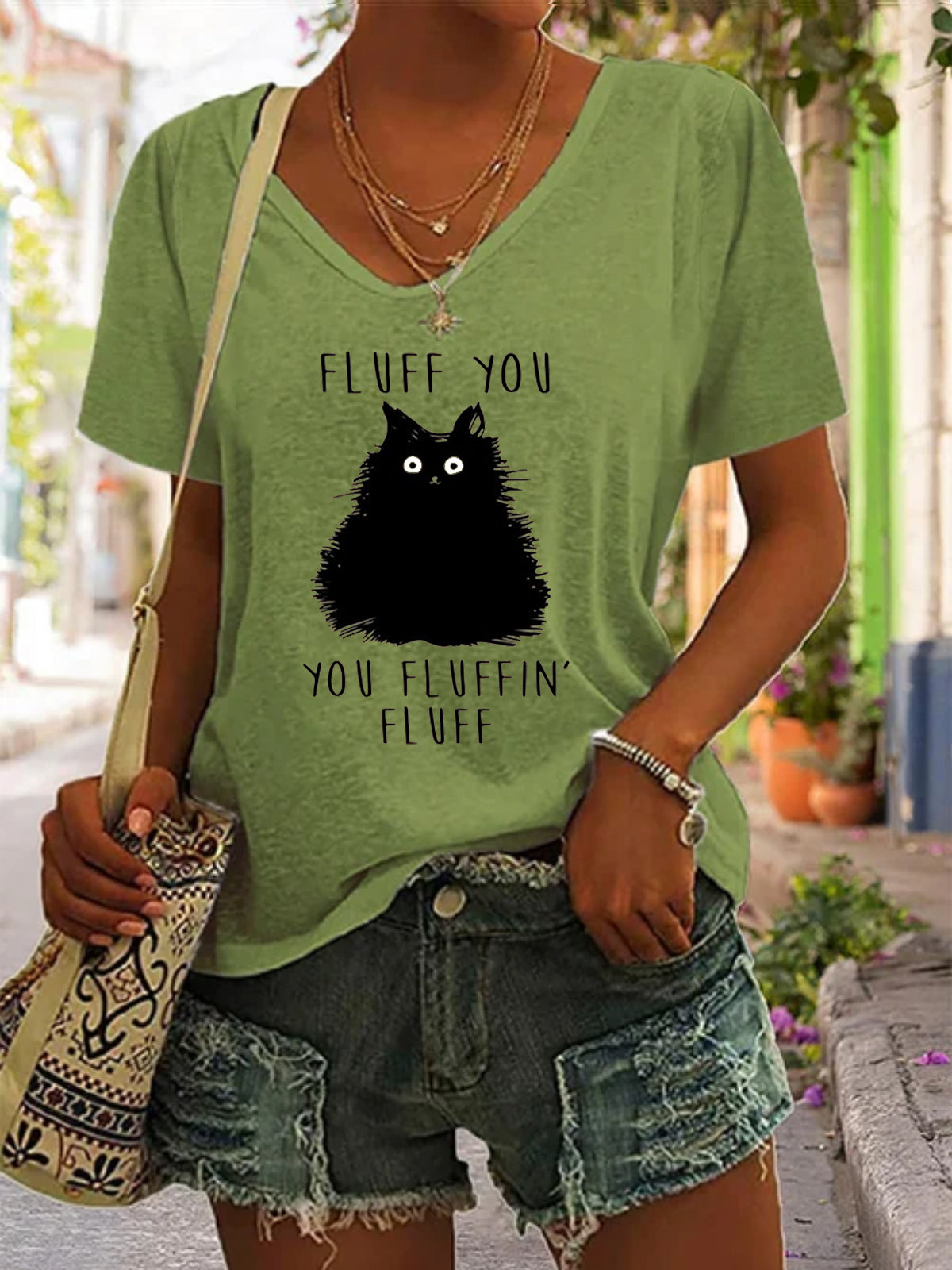 Women's Funny Cat Print V-Neck Short Sleeve Casual T-Shirt