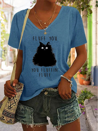 Women's Funny Cat Print V-Neck Short Sleeve Casual T-Shirt