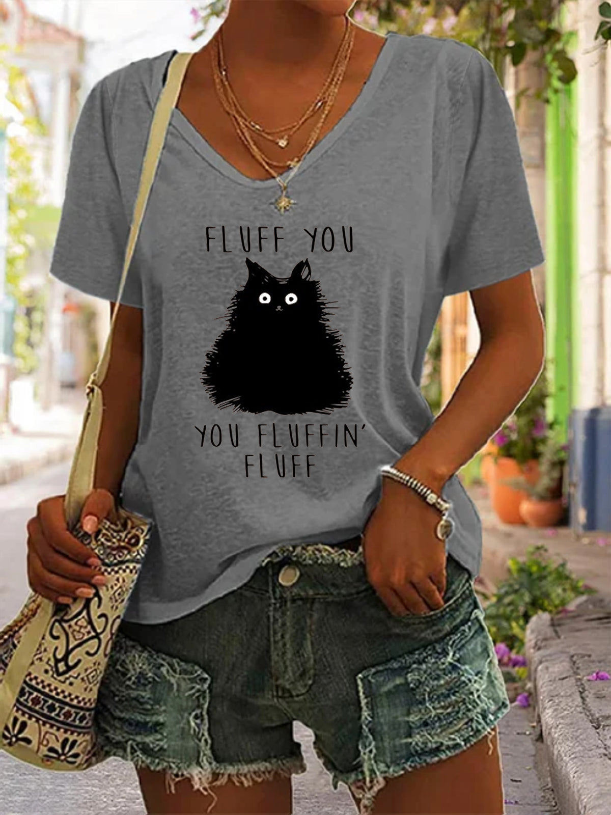 Women's Funny Cat Print V-Neck Short Sleeve Casual T-Shirt