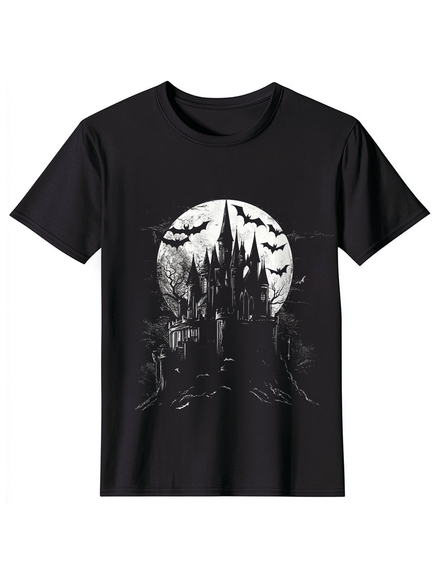 Horror Castle Raven Print Casual T-Shirt