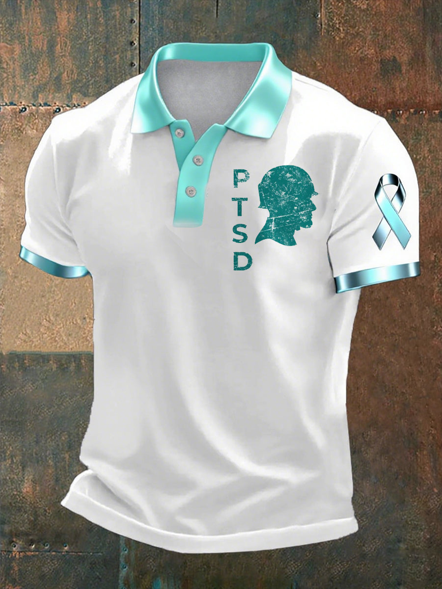 Men's PTSD Awareness Veterans Print Casual Polo Shirt