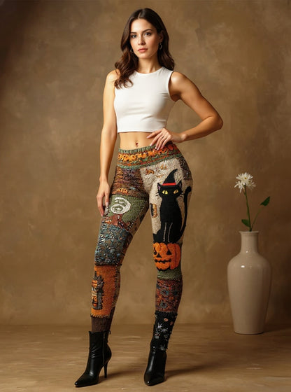 Women's Halloween Black Cat & Pumpkin Patchwork Art Leggings
